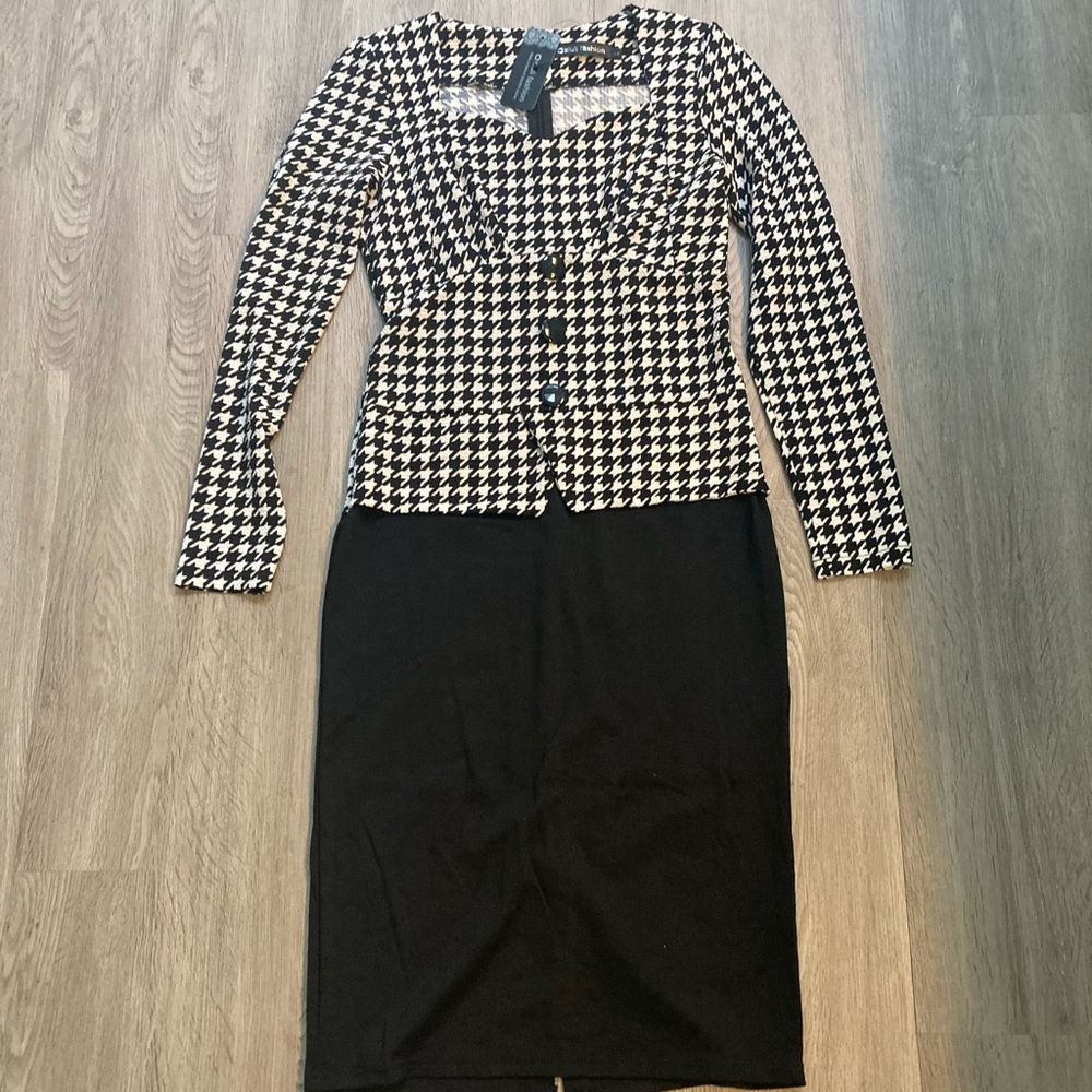 Houndstooth Sleeves Elegant Peplum Business Bodycon OL Pencil Skirt